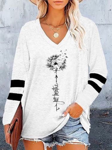 V Neck Dandelion Long Sleeve Loose T-Shirt - Just Fashion Now - Modalova