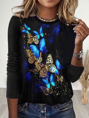 Casual Butterfly Print Crew Neck T-Shirt - Just Fashion Now - Modalova