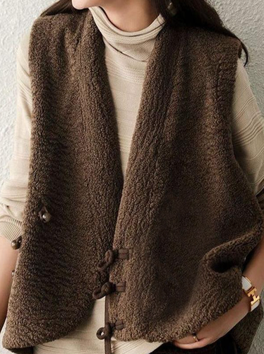 Coffee Embroideried Fur Vest Sleeveless Casual - Modetalente - Modalova