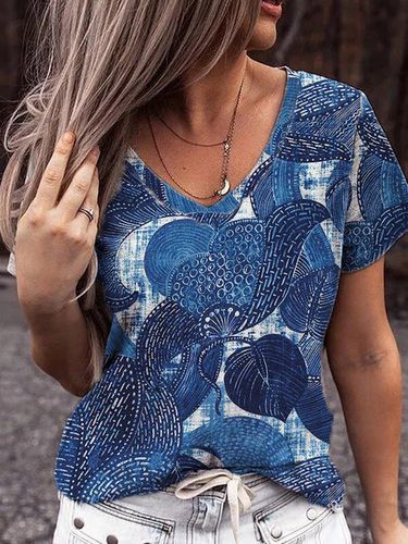 Floral V Neck Cotton Blends Short Sleeve T-shirt - Just Fashion Now - Modalova