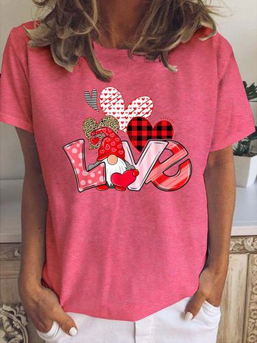 Valentine's Day Gnome Print Crew Neck Short Sleeve T-Shirt - Just Fashion Now - Modalova