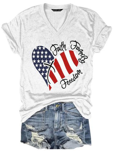 American Flag Print Faith Family Freedom Letter Casual Short Sleeve T-Shirt - Modetalente - Modalova