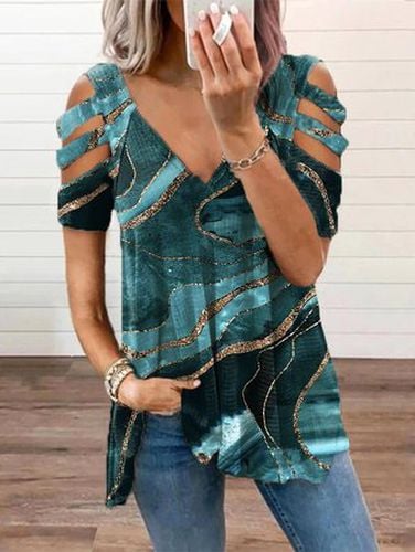 Cotton Blends Casual V Neck Short Sleeve Ombre Abstract Top - Just Fashion Now - Modalova