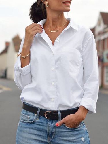 Casual Plain Shirt Collar Long Sleeve Blouse - Just Fashion Now UK - Modalova