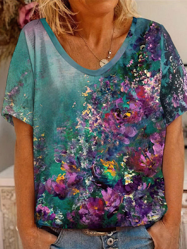 V-neck Casual Loose Floral Print Short Sleeve T-shirt - Just Fashion Now - Modalova