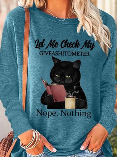 Womens Funny Black Cat With Coffee Let Me Check My Giveashitometer Nope Nothing Letter Top - Modetalente - Modalova