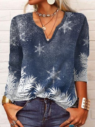 Christmas Long Sleeve V Neck Printed Top T-shirt - Modetalente - Modalova