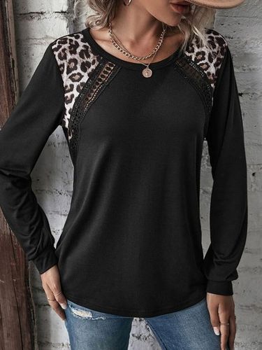 Leopard Casual Crew Neck Patchwork Lace Tunic T-Shirt - Modetalente - Modalova