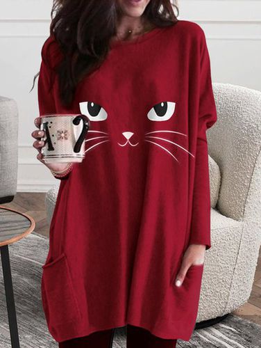 Loose Crew Neck Cat Halloween T-Shirt - Just Fashion Now - Modalova