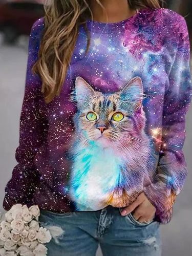 Loose Cat Crew Neck Raglan Sleeve Casual Sweatshirt - Just Fashion Now - Modalova