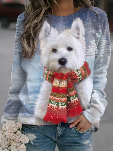 Christmas Crew Neck Loose Dog Casual Sweatshirt - Just Fashion Now - Modalova