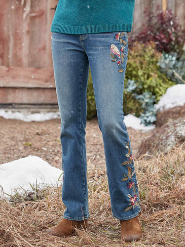 Casual Loose Floral Denim Jeans - Just Fashion Now - Modalova