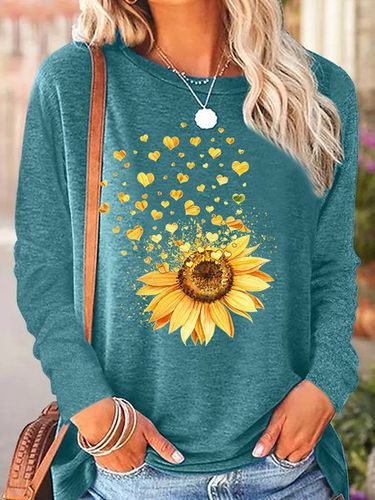 Women's Sunflower Heart Crew Neck Simple Regular Fit Long Sleeve Top - Modetalente - Modalova