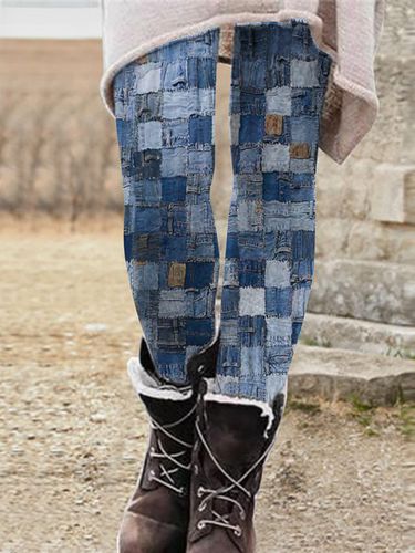 Denim-paneled printed stretch leggings - Just Fashion Now - Modalova
