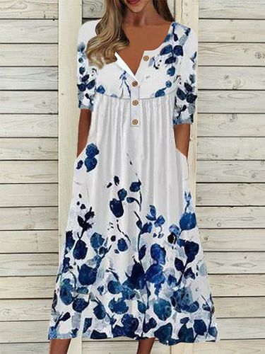 Buttoned Purplish blue Floral Loosen Weaving Dress - Just Fashion Now - Modalova