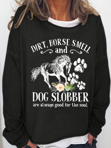 Women's Cute Horse And Dog Flower Dirt Horse Smell Simple Crew Neck Loose Sweatshirt - Modetalente - Modalova