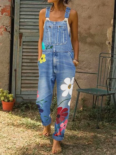 Casual Sleeveless Denim Floral Floral-Print One-Pieces - Modetalente - Modalova