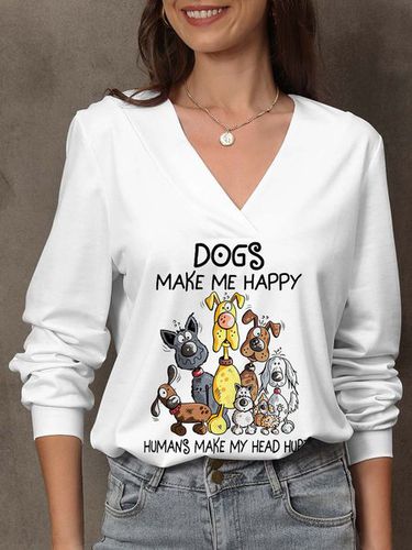 Dogs Make Me Happy Slogan Print V-Neck Top - Just Fashion Now - Modalova