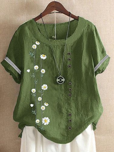 Small Daisy Short Sleeve Hollow out Lace Crew Neck Buckle Casual Blouse - Modetalente - Modalova