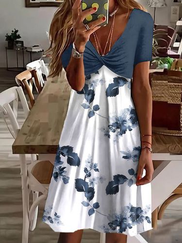 Jersey Casual Floral V Neck Dress - Just Fashion Now - Modalova