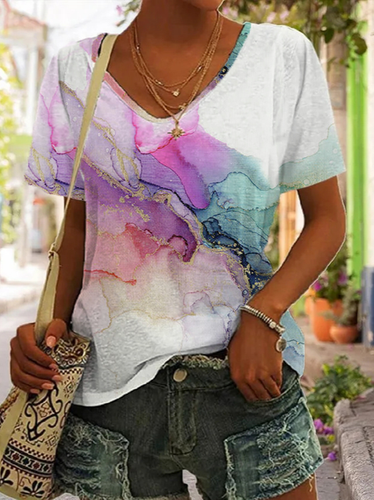 Casual Loose V Neck Gradient Pattern T-Shirt - Just Fashion Now - Modalova