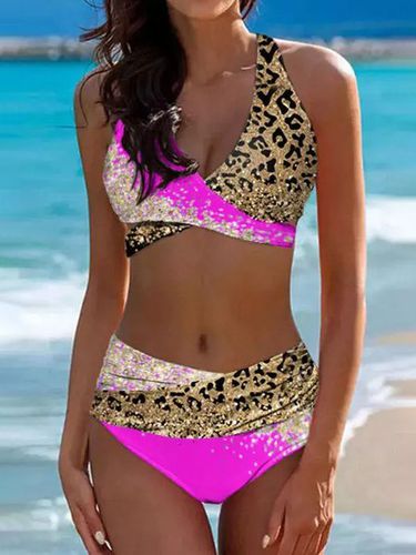 Vacation V Neck Printing Leopard Bikini - Just Fashion Now - Modalova