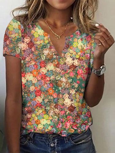Casual Floral Loose Notched T-Shirt - Just Fashion Now - Modalova