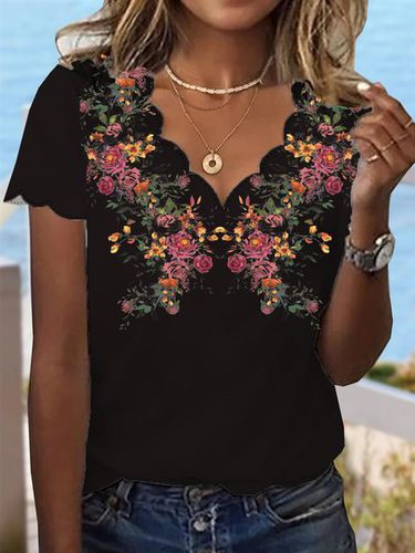 Casual Floral Jersey Lace Collar Shirt - Modetalente - Modalova