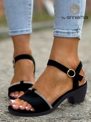 Rhinestone Black Chunky Heel Dancing Sandals - Just Fashion Now - Modalova