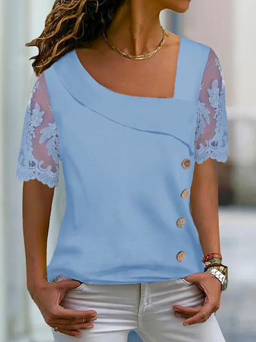 Casual Asymmetrical Neck Buttoned Mesh Shirt - Modetalente - Modalova