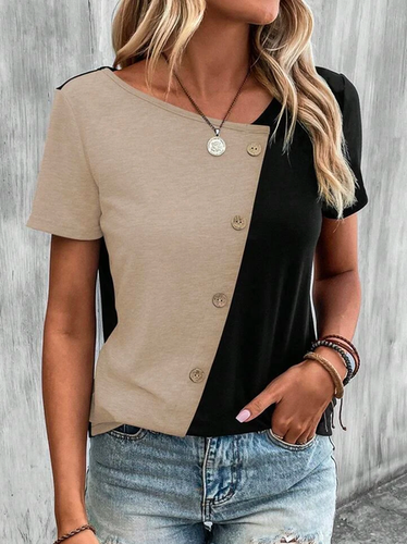 Casual V Neck Two Tone Button Front Color Block T-Shirt - Just Fashion Now - Modalova