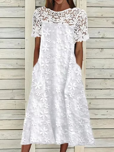 Women's Short Sleeve Summer White Floral Lace Crew Neck Daily Going Out Linen Midi A-Line TUNIC Dress - Just Fashion Now - Modalova