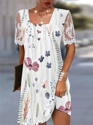 Square Neck Lace Casual Floral Loose Dress - Just Fashion Now - Modalova