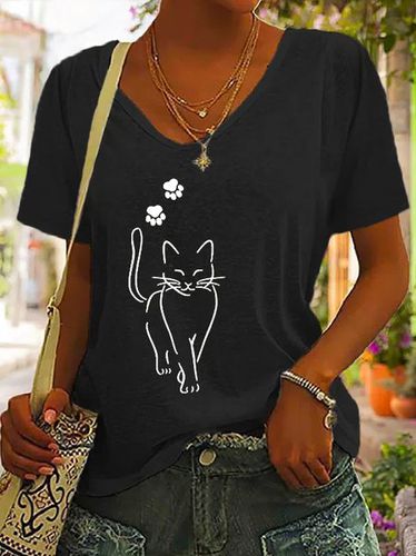 Casual V Neck Cotton Cat T-Shirt - Just Fashion Now - Modalova