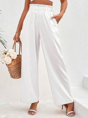Cotton Casual Plain Paperbag Waist Wide Leg Pants - Just Fashion Now - Modalova