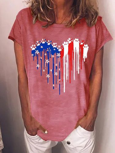 Women's Independence Day Love Dog Paws Blue White Red Graphic Printing 4th Of July Cotton-Blend Casual Loose T-Shirt - Just Fashion Now - Modalova