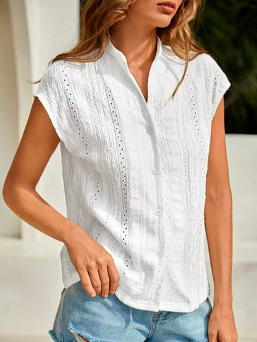 Casual Geometric Eyelet Embroidery Batwing Sleeve Button Front Shirt - Just Fashion Now - Modalova