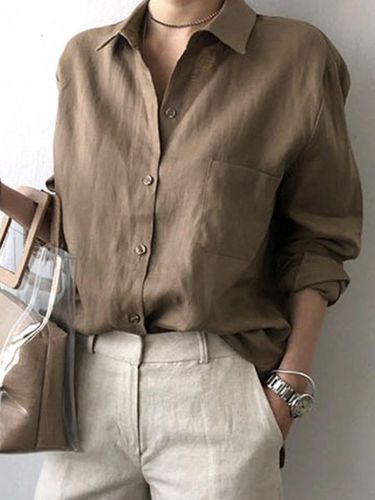Loose Plain Shirt Collar Casual Blouse - Just Fashion Now - Modalova