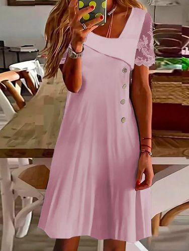 Lace Sleeve Plain Loose Casual Asymmetrical Dress - Just Fashion Now - Modalova