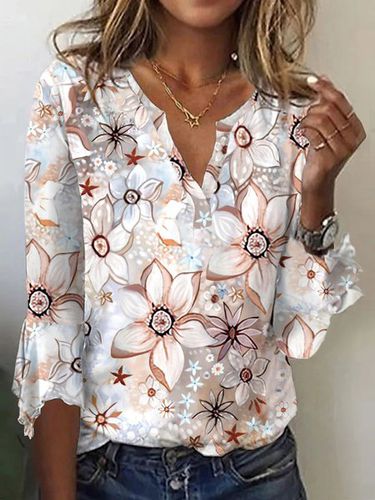 Floral Casual V Neck Cotton T-Shirt - Just Fashion Now - Modalova