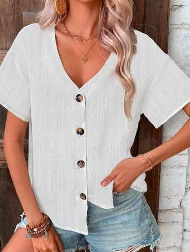 Casual Plain Buttoned V Neck Solid Button Front Drop Shoulder Blouse - Just Fashion Now UK - Modalova