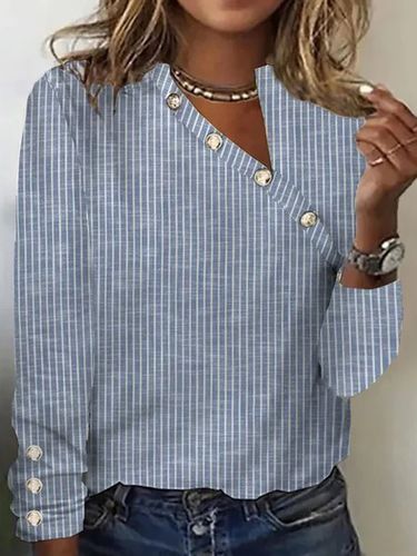 Plus size Asymmetrical Buttoned Casual Striped T-Shirt - Just Fashion Now - Modalova