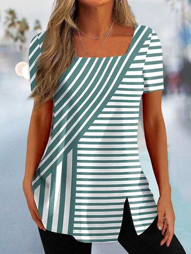 Striped Casual Square Neck Loose T-Shirt - Just Fashion Now - Modalova
