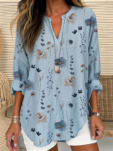 Floral Linen Shirt Collar Loose Blouse - Just Fashion Now - Modalova