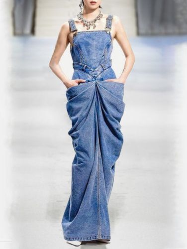 Fashion Buckle Sleeveless Ruched Design Denim Maxi Dress - Modetalente - Modalova