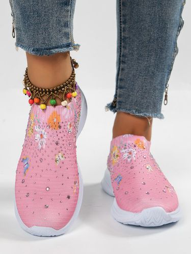 Rhinestone Floral Mesh Fabric Slip On Sneakers - Just Fashion Now - Modalova