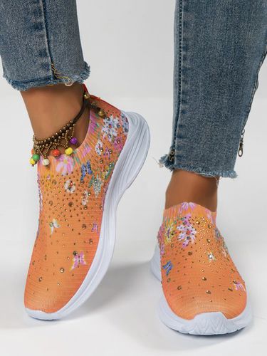 Rhinestone Floral Mesh Fabric Slip On Sneakers - Just Fashion Now - Modalova