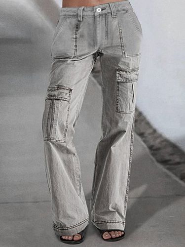 Buttoned Linen Plain Casual Flap Pocket Low Rise Wide Leg Cargo Pants - Just Fashion Now - Modalova