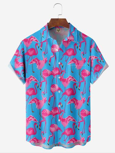 Tropical Animal Flamingo Chest Pocket Short Sleeve Hawaiian Shirt - Modetalente - Modalova