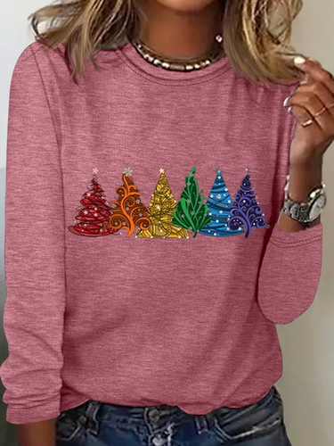 Women's Christmas Tree Cotton-Blend Crew Neck Casual Long Sleeve Shirt - Modetalente - Modalova